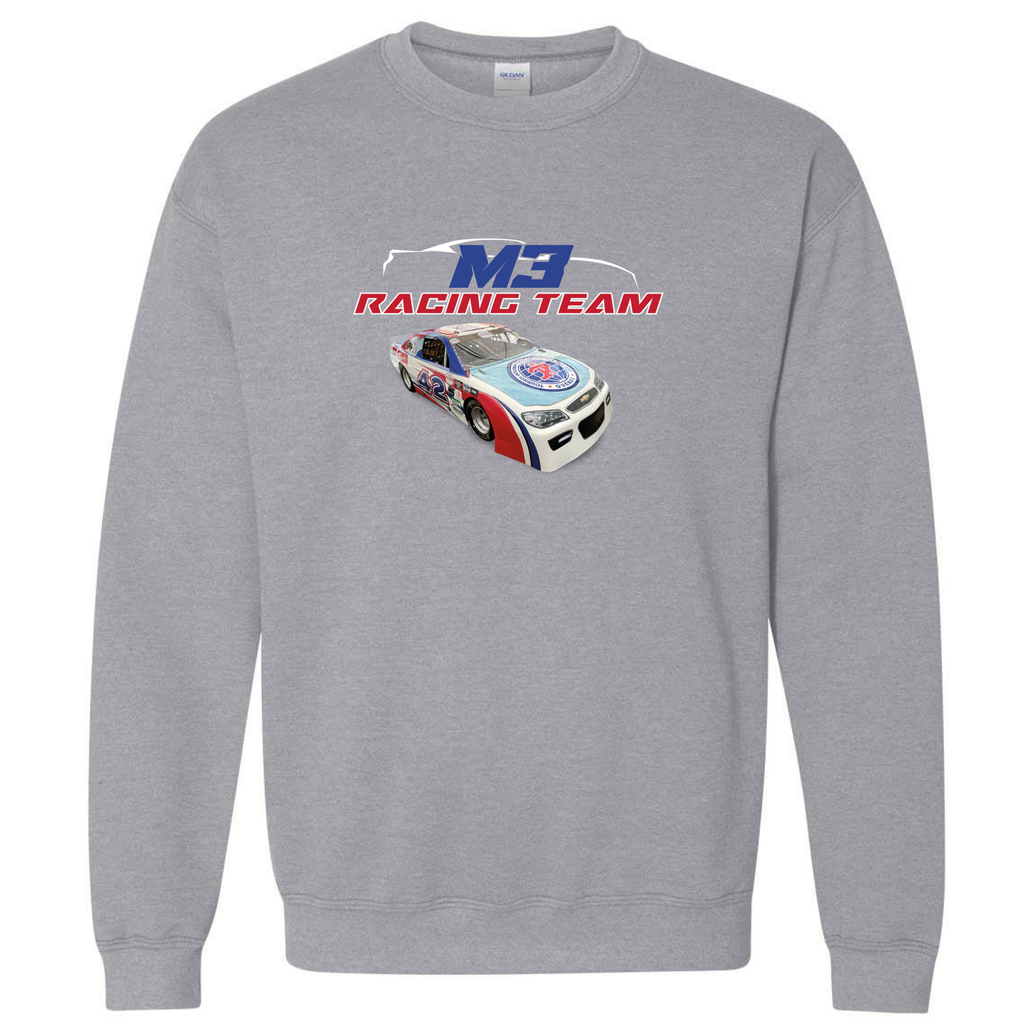 Chandail molleton gris moyen avec voiture de course style nascar et logo M3 Racing team blanc, rouge et bleu.