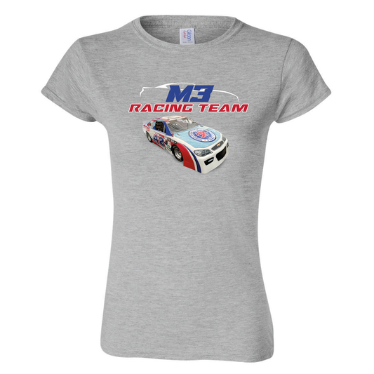 Gros logo M3 Racing Team voiture style nascar aux couleurs du tournoi PEE-WEE sur t-shirt gris.