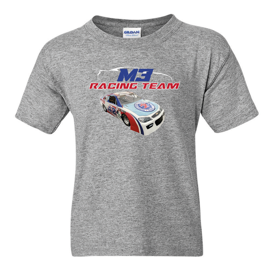 Logo M3 Racing Team voiture de course #42 sur devant t-shirt gris sport junior.