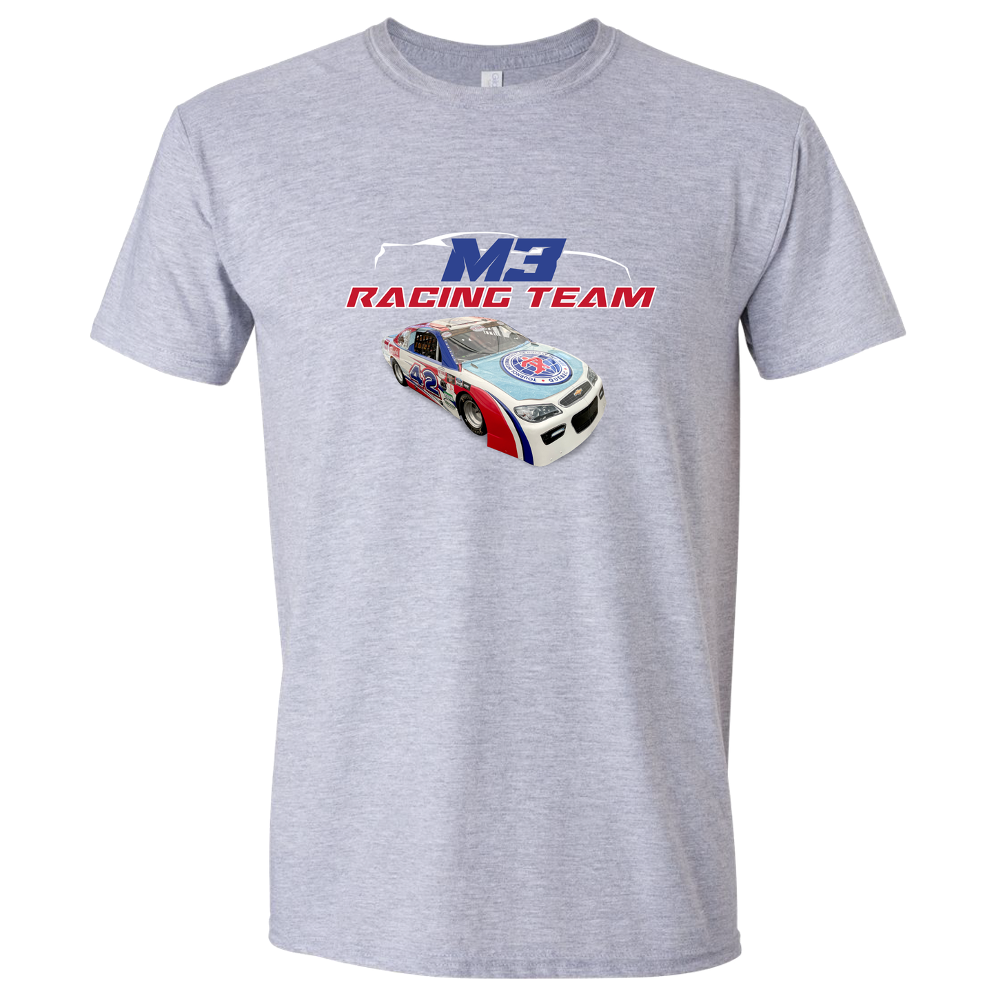 T-Shirt gris avec voiture de course style nascar et logo M3 Racing team blanc, rouge et bleu.