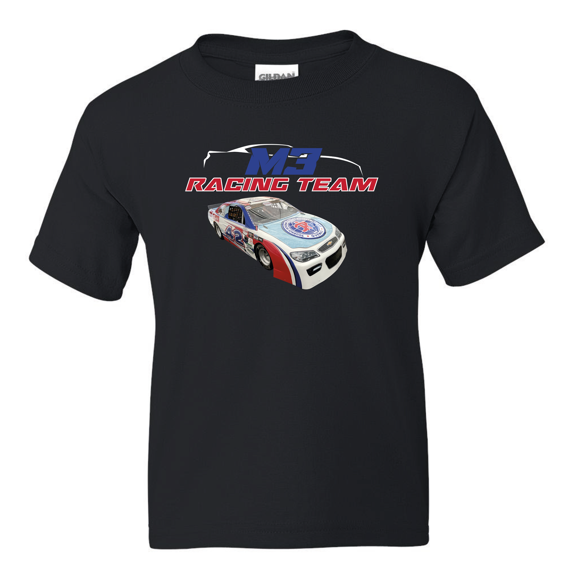 Logo M3 Racing Team voiture de course #42 sur devant t-shirt noir junior.