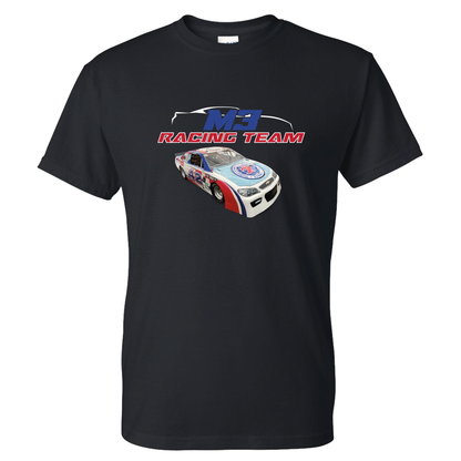 T-Shirt noir avec voiture de course style nascar et logo M3 Racing team blanc, rouge et bleu.