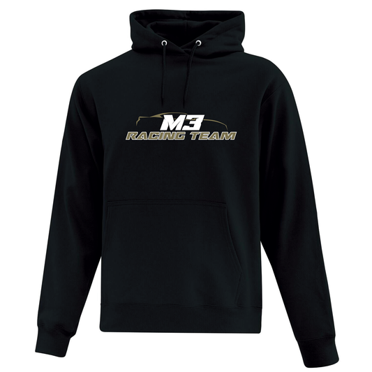 Molleton noir à capuchon avec gros logo M3 racing team blanc et kaki.