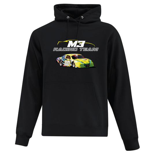 Hoodie noir à capuchon avec logo M3 Racing Team voiture de course 100JR jaune, blanc et gris.
