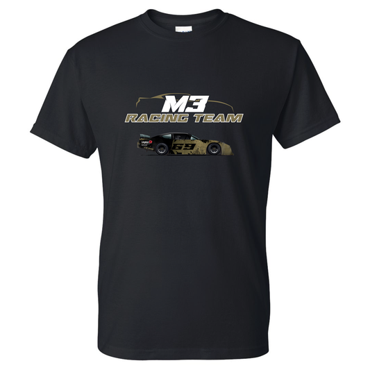 T-Shirt noir avec voiture de course vétéran style nascar et logo M3 Racing team blanc et vert kaki.