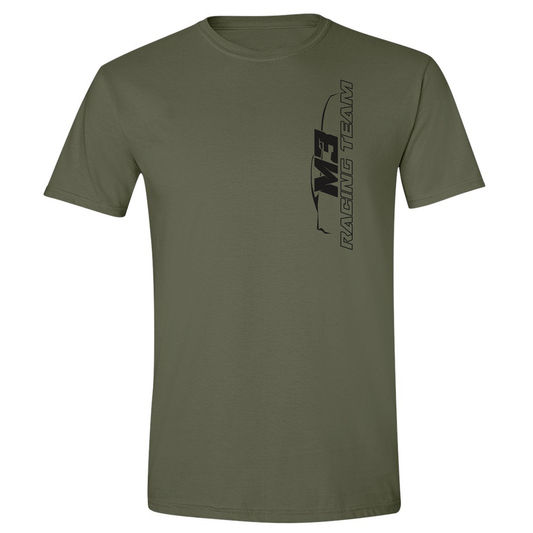 T-Shirt vert militaire avec logo M3 Racing Team noir vertical à la poitrine gauche.